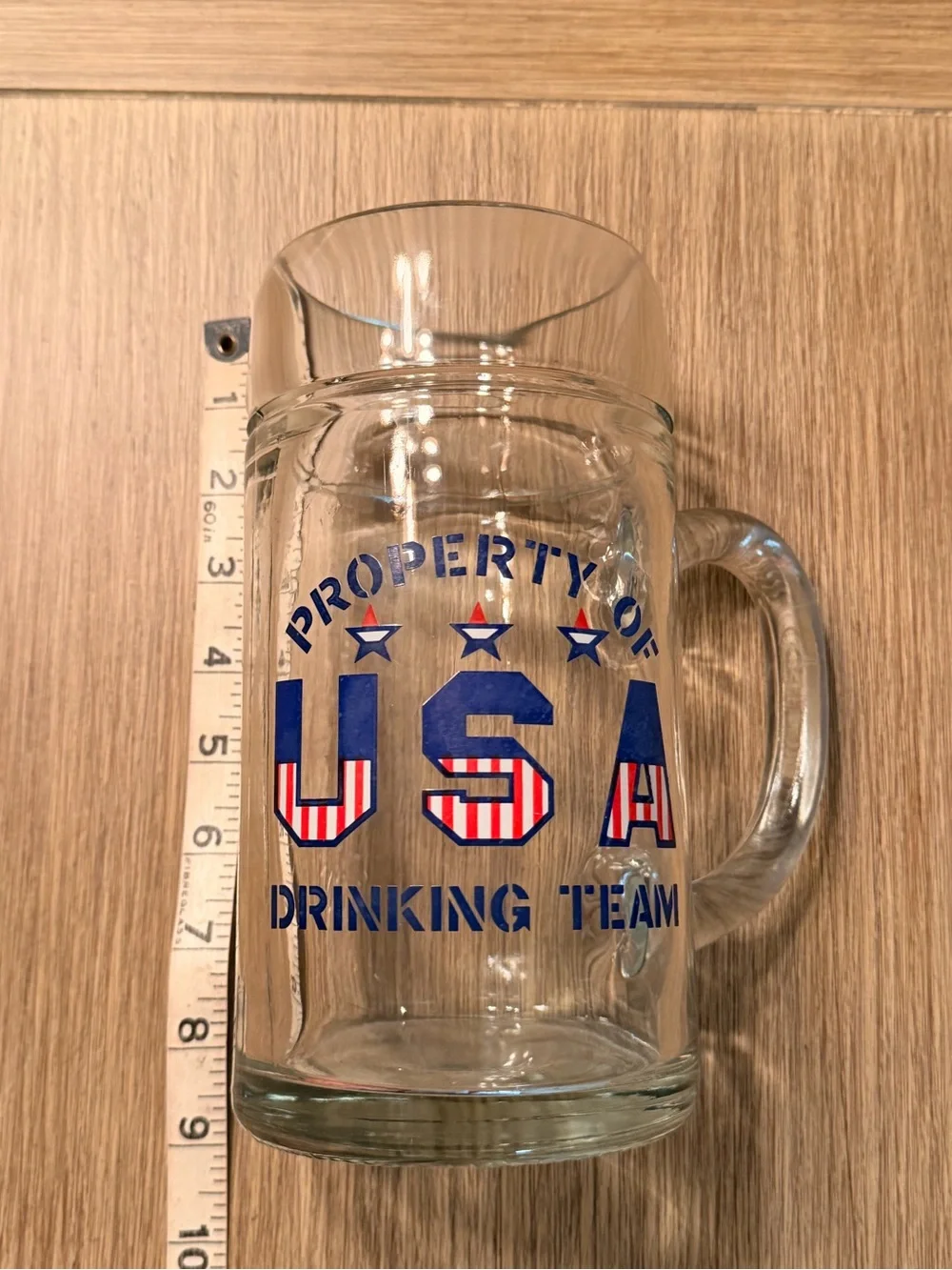 USA Drinking Team Glass Beer Stein - Clear Glass with Red White & Blue Graphic